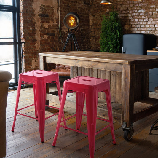 Set Of 2 Red Steel Bar Stools 60cm Stackable Counter Height Industrial