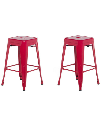Set Of 2 Red Steel Bar Stools 60cm Stackable Counter Height Industrial
