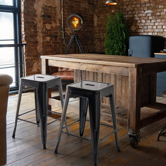 Urban Loft Industrial Bar Stools Set of 2 Black Steel 60cm Stackable Counter Height