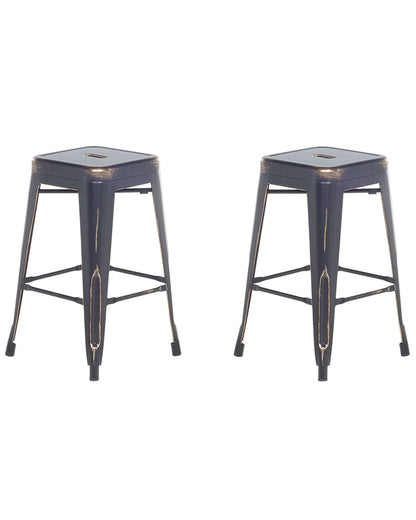 Set Of 2 Bar Stools Black Gold Steel 60cm Stackable