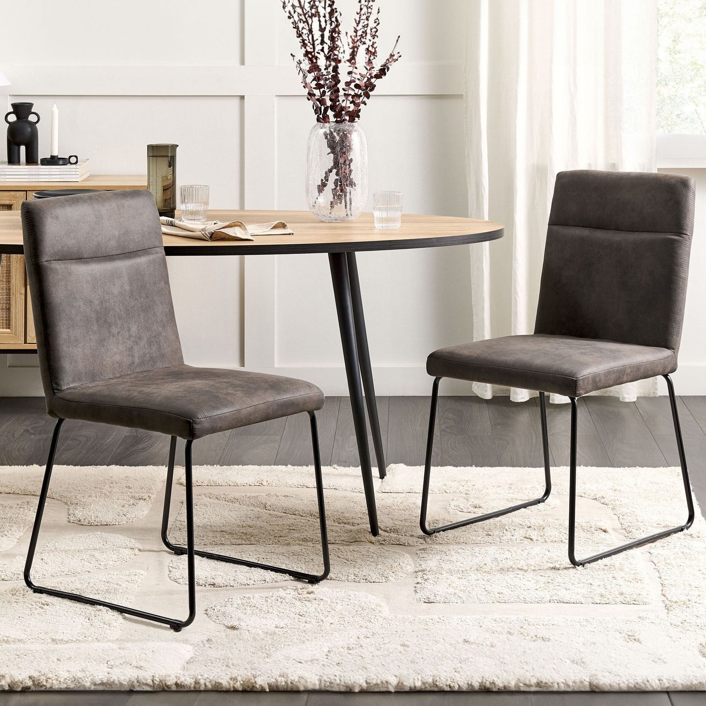 Set of 2 Grey Fabric Dining Chairs with Black U Shaped Legs