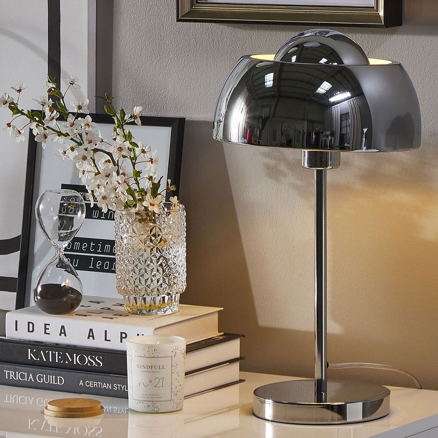 Lighting Silver Metal Table Lamp Round Base Dome Shade