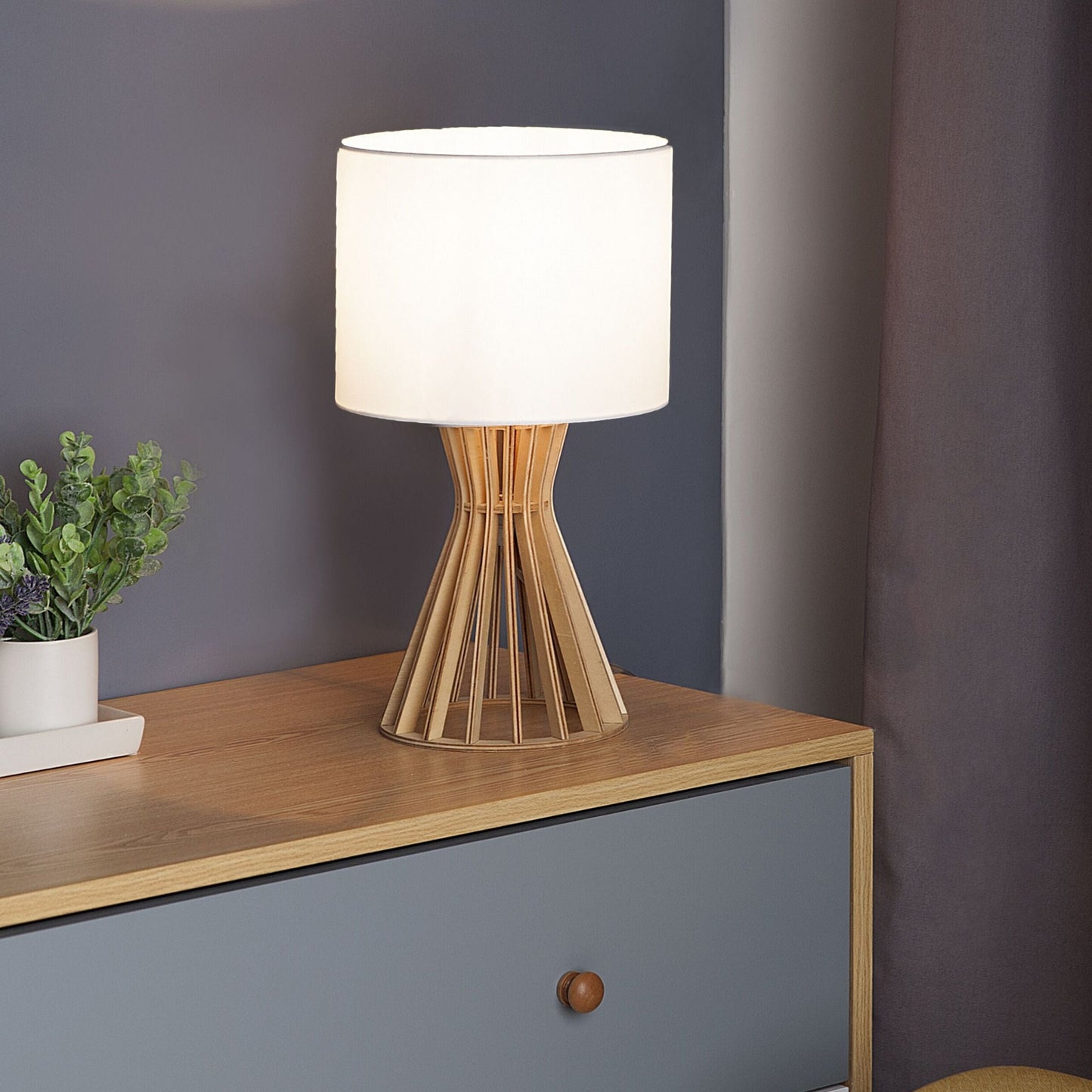Table Lamp With Light Brown Wood Base And White Polycotton Shade For Modern Interiors