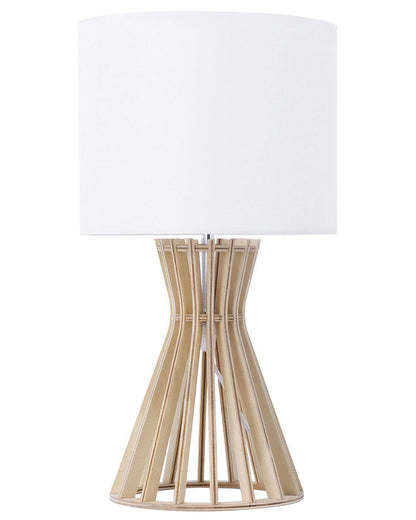Table Lamp With Light Brown Wood Base And White Polycotton Shade For Modern Interiors
