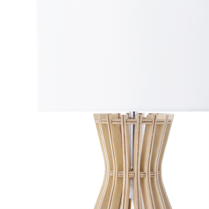 Table Lamp With Light Brown Wood Base And White Polycotton Shade For Modern Interiors