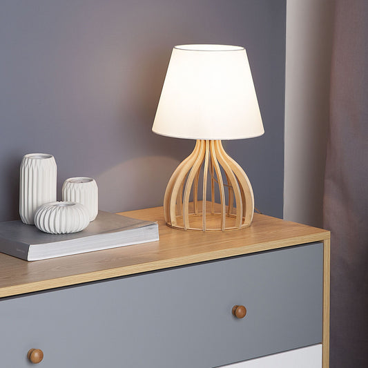 Table Lamp Light Brown Wood Base White Fabric Shade Modern