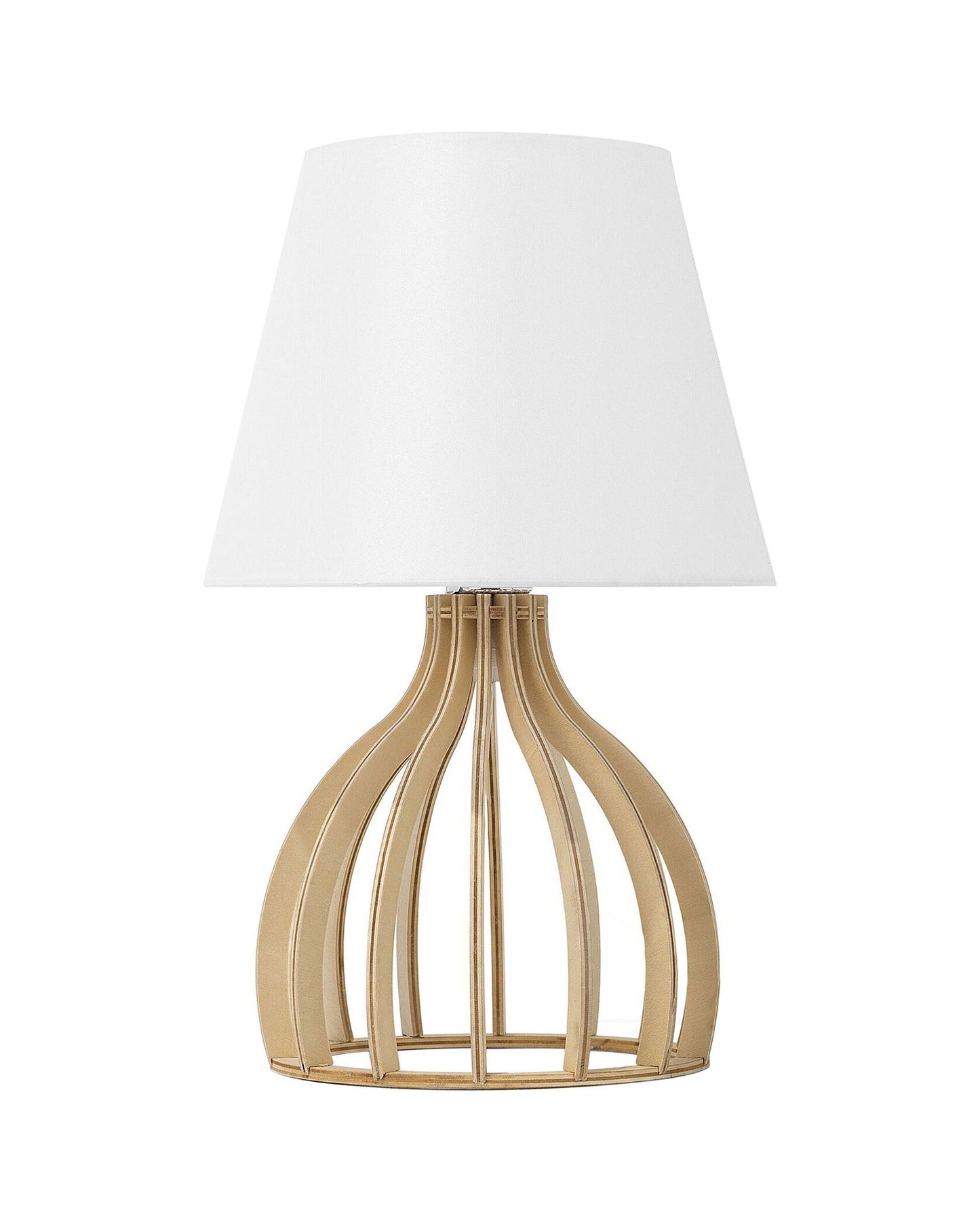 Table Lamp Light Brown Wood Base White Fabric Shade Modern