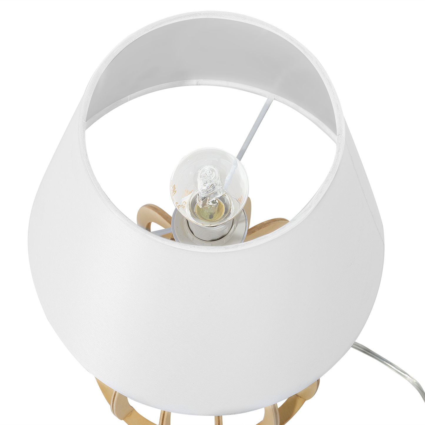 Table Lamp Light Brown Wood Base White Fabric Shade Modern