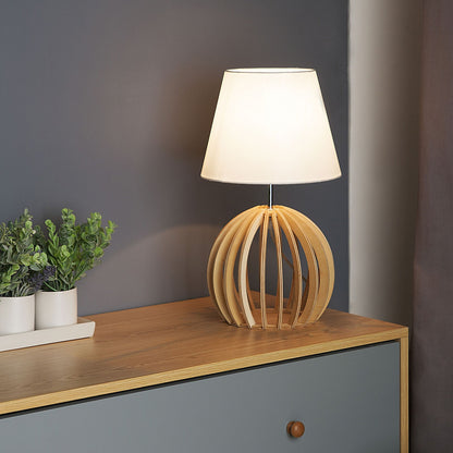 Table Lamp Round Wood Base White Shade Modern