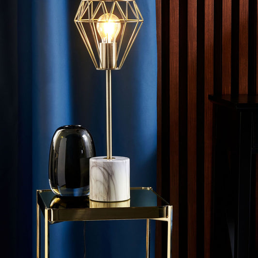 Brass Table Lamp With Diamond Cage Shade Marble Base Tall