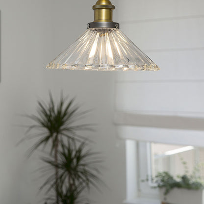 Pendant Lamp 1 Light Transparent Glass Cone Shade With Brass Detailing