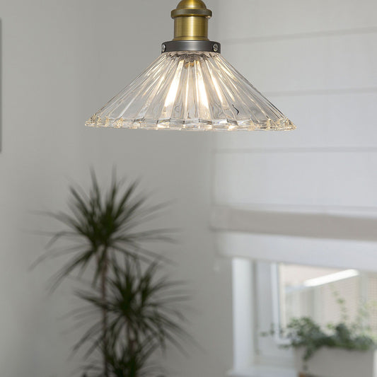 Pendant Lamp 1 Light Transparent Glass Cone Shade With Brass Detailing