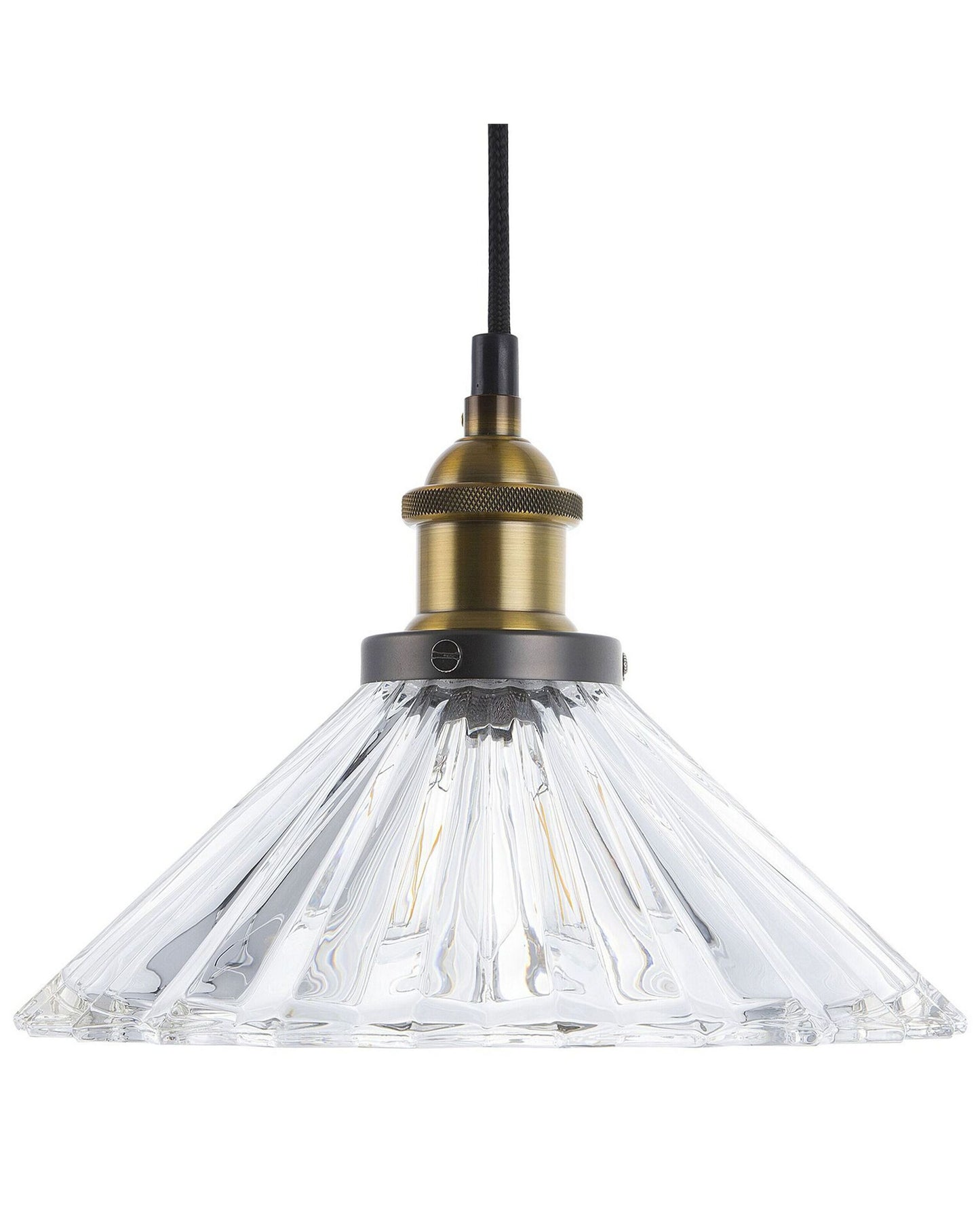 Pendant Lamp 1 Light Transparent Glass Cone Shade With Brass Detailing