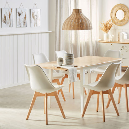 Dining Table Light Brown Rubberwood Drop Leaf White Legs