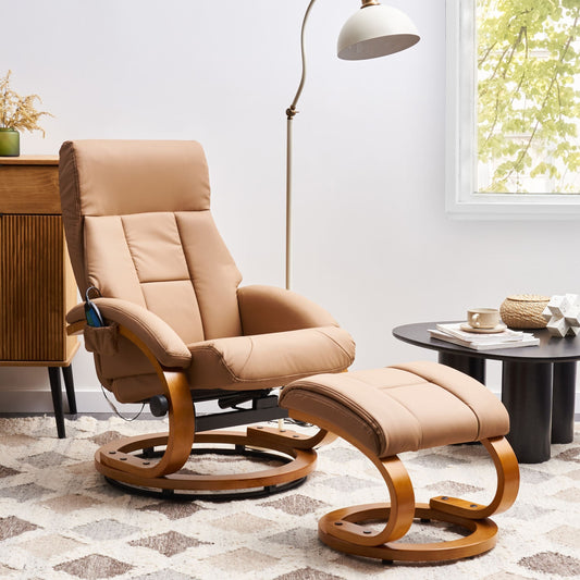 Beige Faux Leather Heated Recliner With Footstool 5 Massage Modes