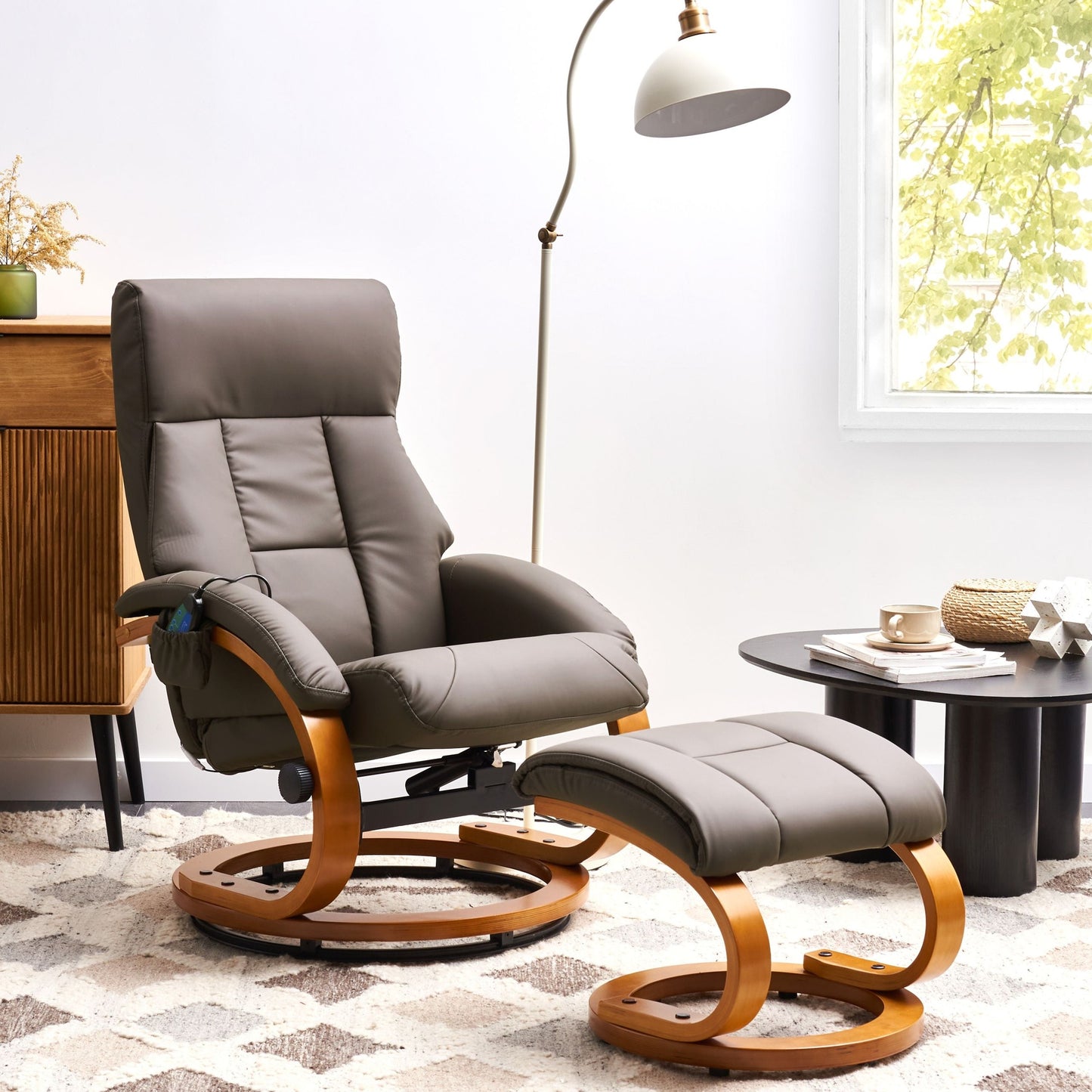 Brown Faux Leather Recliner Armchair With Footstool Heated Massage 5 Modes Retro Design