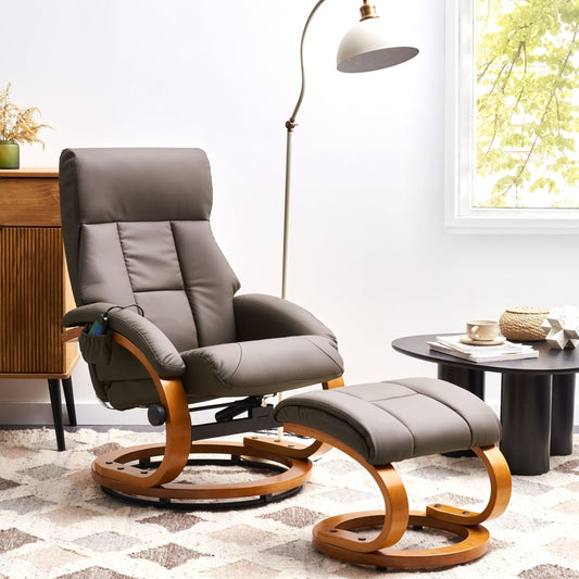 Brown Faux Leather Recliner Armchair With Footstool Heated Massage 5 Modes Retro Design