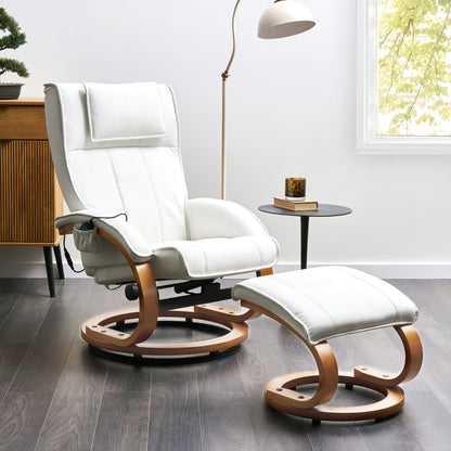 Retro Recliner Armchair White Faux Leather Heated Massage