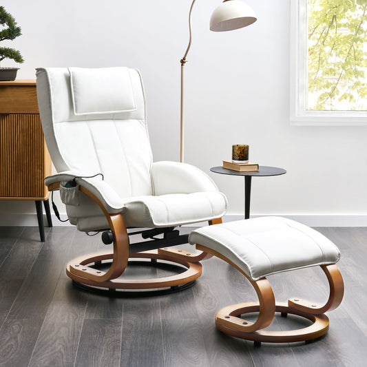 Retro Recliner Armchair White Faux Leather Heated Massage