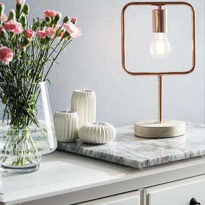 Industrial Copper Colour Table Lamp With Concrete Base And Copper Painted Pole Square Naked Shade