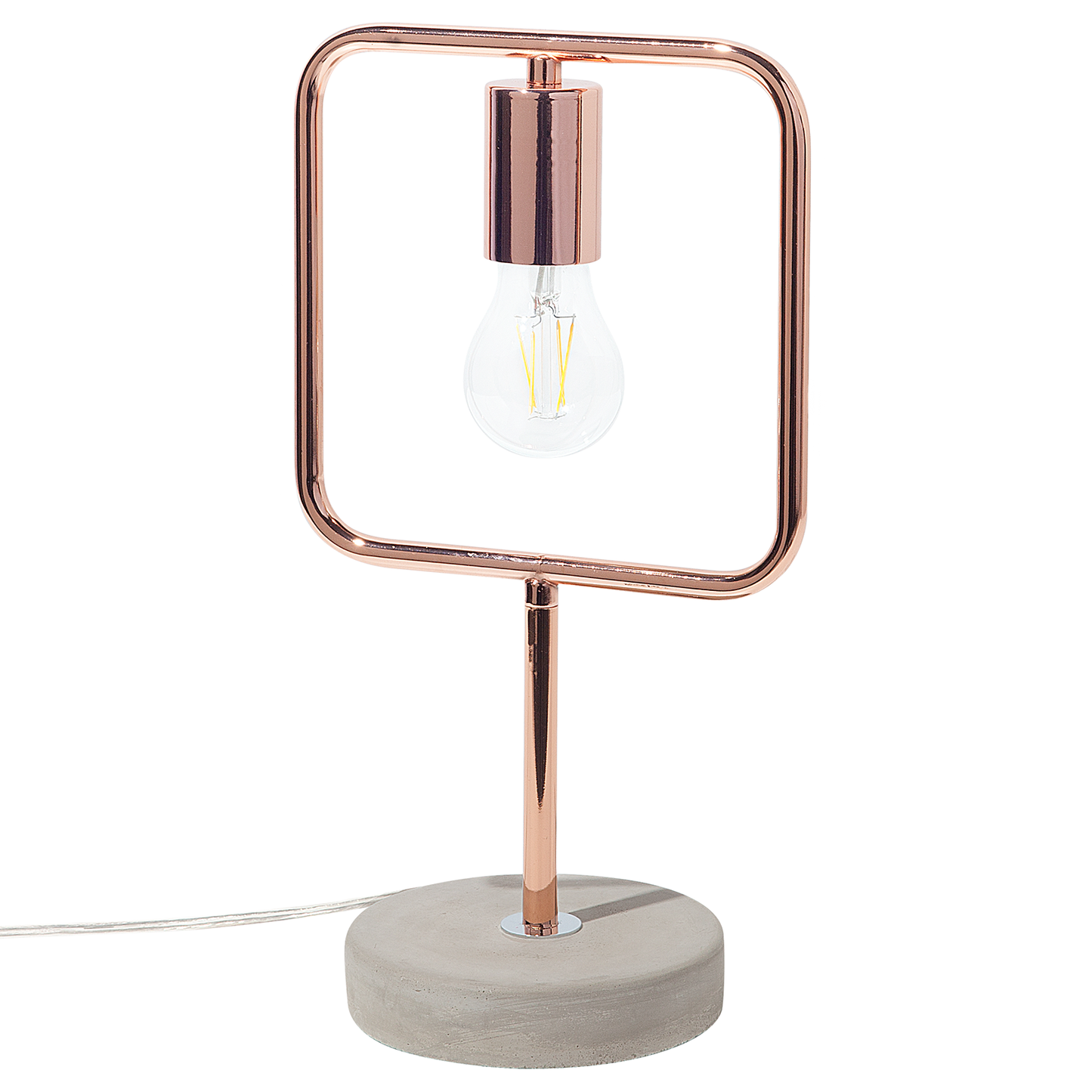 Industrial Copper Colour Table Lamp With Concrete Base And Copper Painted Pole Square Naked Shade
