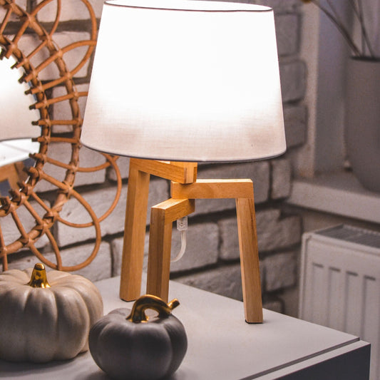 Aster Lux Tripod Table Lamp White Cotton Shade Light Brown Legs