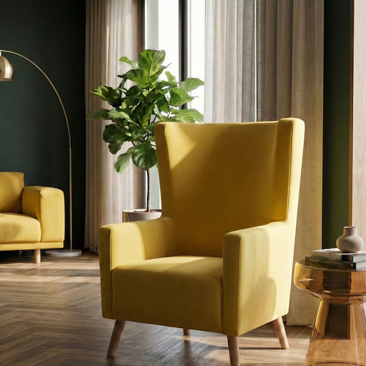 Wingback Chair Yellow Velvet Upholstery High Back With Slanted Wooden Legs