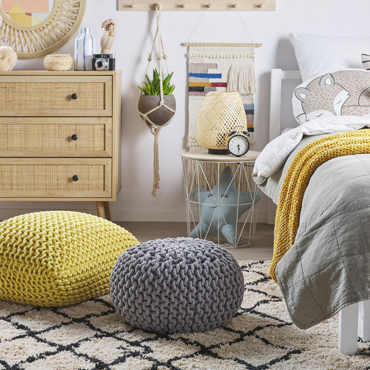 Yellow Knitted Pouf 50 x 50cm EPS Beads Filling