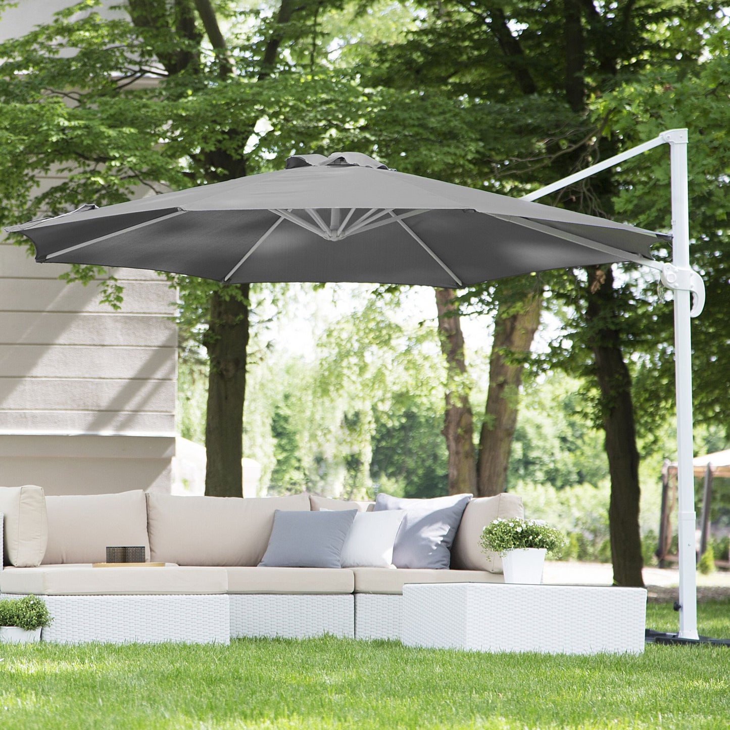 Garden Sun Cantilever Parasol With Crank, 240cm, Dark Grey Canopy, White Steel Pole, Weather Resistant