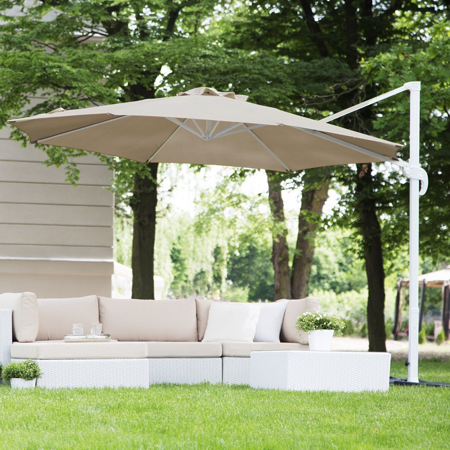 Garden Sun Cantilever Parasol 240cm Beige Sand Canopy With Crank And White Steel Pole Weather Resistant