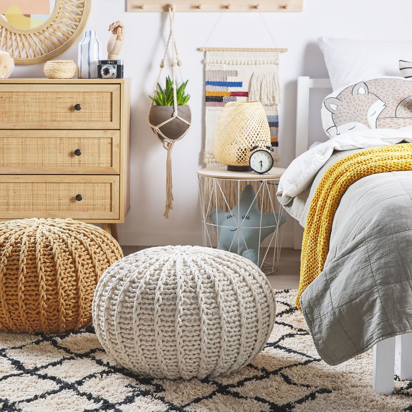 Pouf Ottoman Yellow Knitted Cotton 50 x 35cm Small Footstool