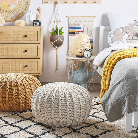 Pouf Ottoman Yellow Knitted Cotton 50 x 35cm Small Footstool