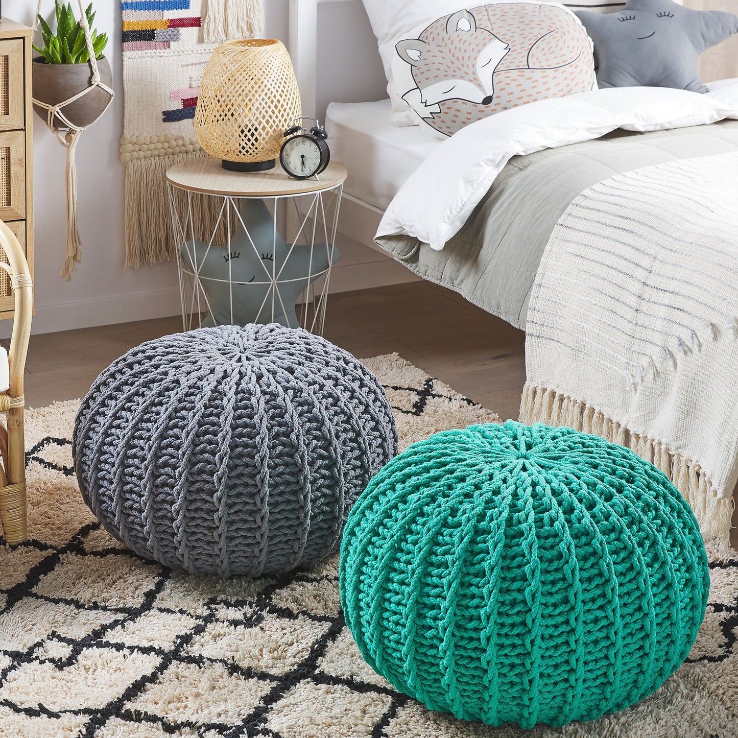 Pouf Ottoman Green Knitted Cotton Beads Filled 50 x 35cm
