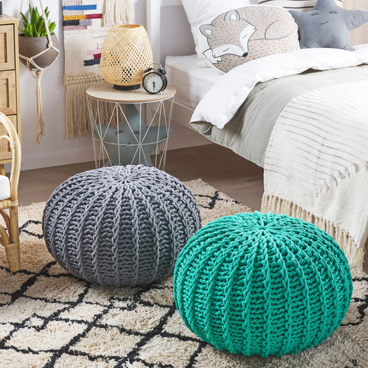 Nordic Nest Grey Knitted Cotton Pouf Ottoman 50 x 35cm