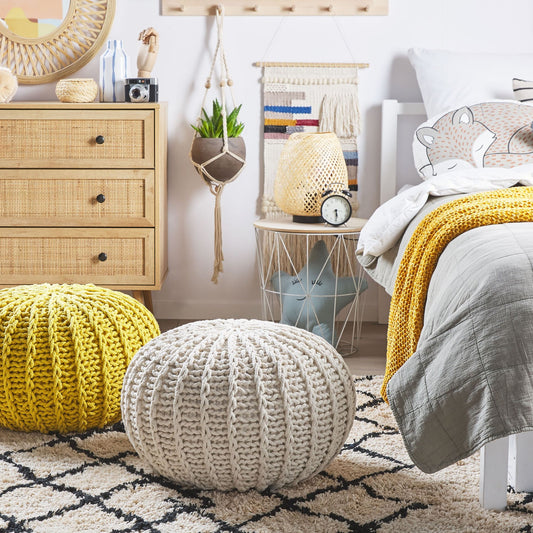 Pouf Ottoman Beige Knitted Cotton EPS Beads 50 x 35cm