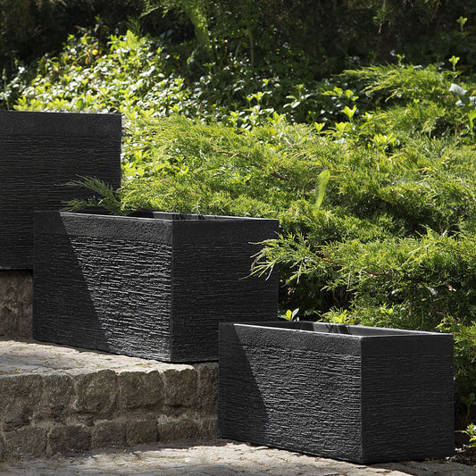 Black Fibre Clay Plant Pot Rectangular Indoor Outdoor Planter 50 x 23 x 24cm With Drainage Holes