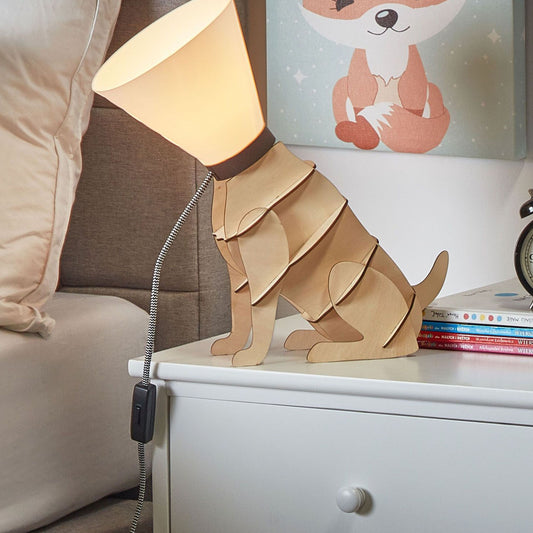 Living Premium Light Brown Dog Table Lamp With White Cone Shade And Wooden Base
