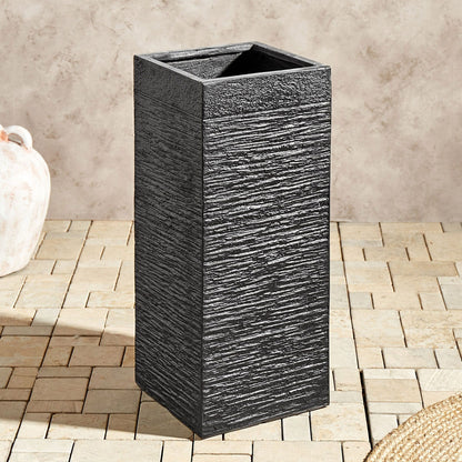 Fibre Clay Plant Pot Black Tall Square 26 x 26 x 60cm Indoor Outdoor Garden Planter