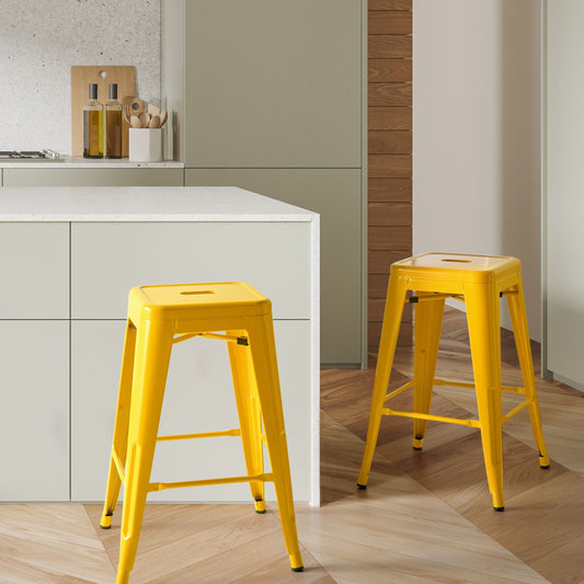 Yellow Metal Bar Stools Set Of 2 60cm Stackable Industrial
