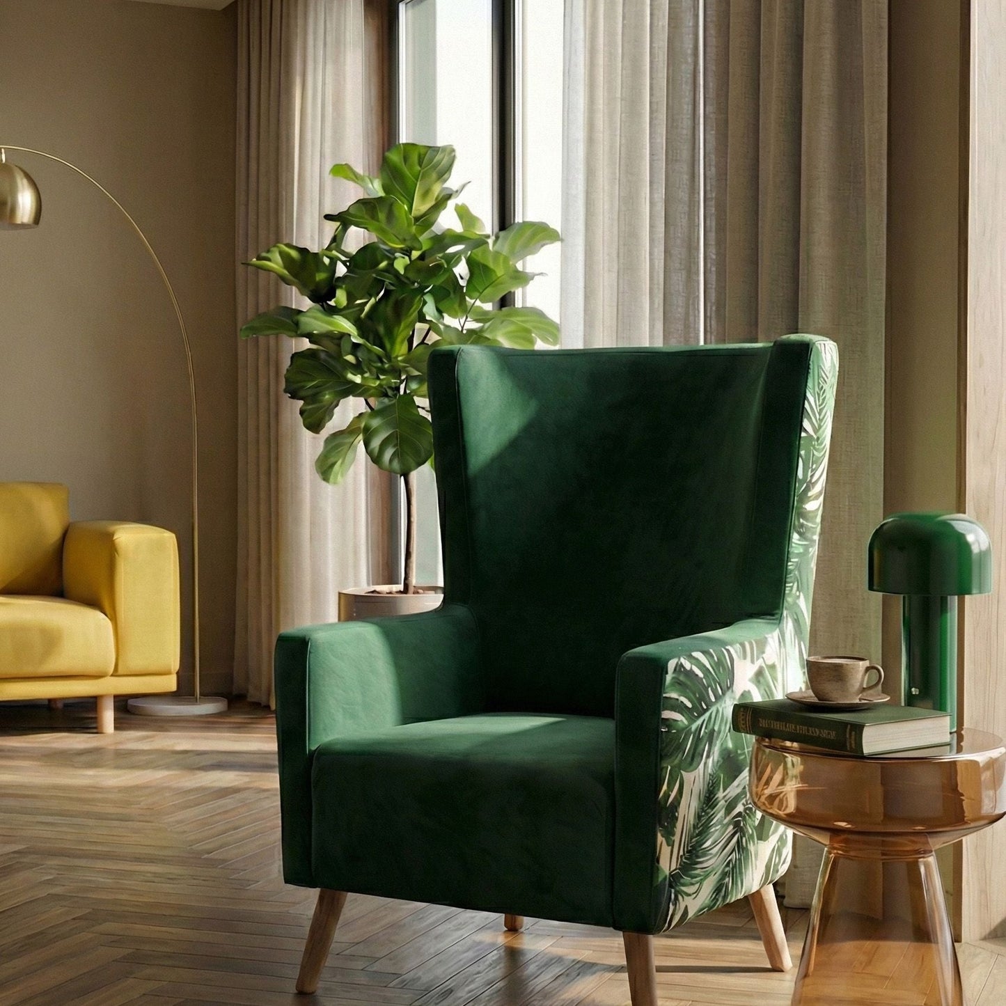 Elegant Home Wingback Chair Deep Green Velvet Upholstery High Back With Slanted Wooden Legs