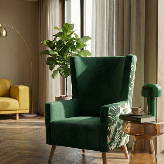 Elegant Home Wingback Chair Deep Green Velvet Upholstery High Back With Slanted Wooden Legs