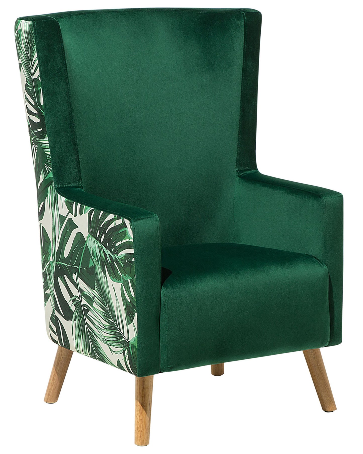 Elegant Home Wingback Chair Deep Green Velvet Upholstery High Back With Slanted Wooden Legs