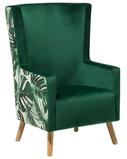 Elegant Home Wingback Chair Deep Green Velvet Upholstery High Back With Slanted Wooden Legs