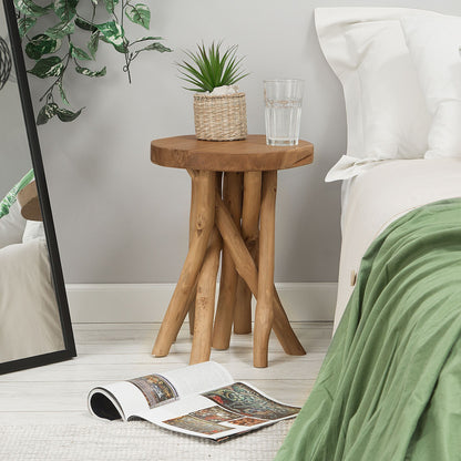 Teak Wood Side Table With Natural Tree Branch Motif 36 x 32cm Oval Bedside Rustic Charm