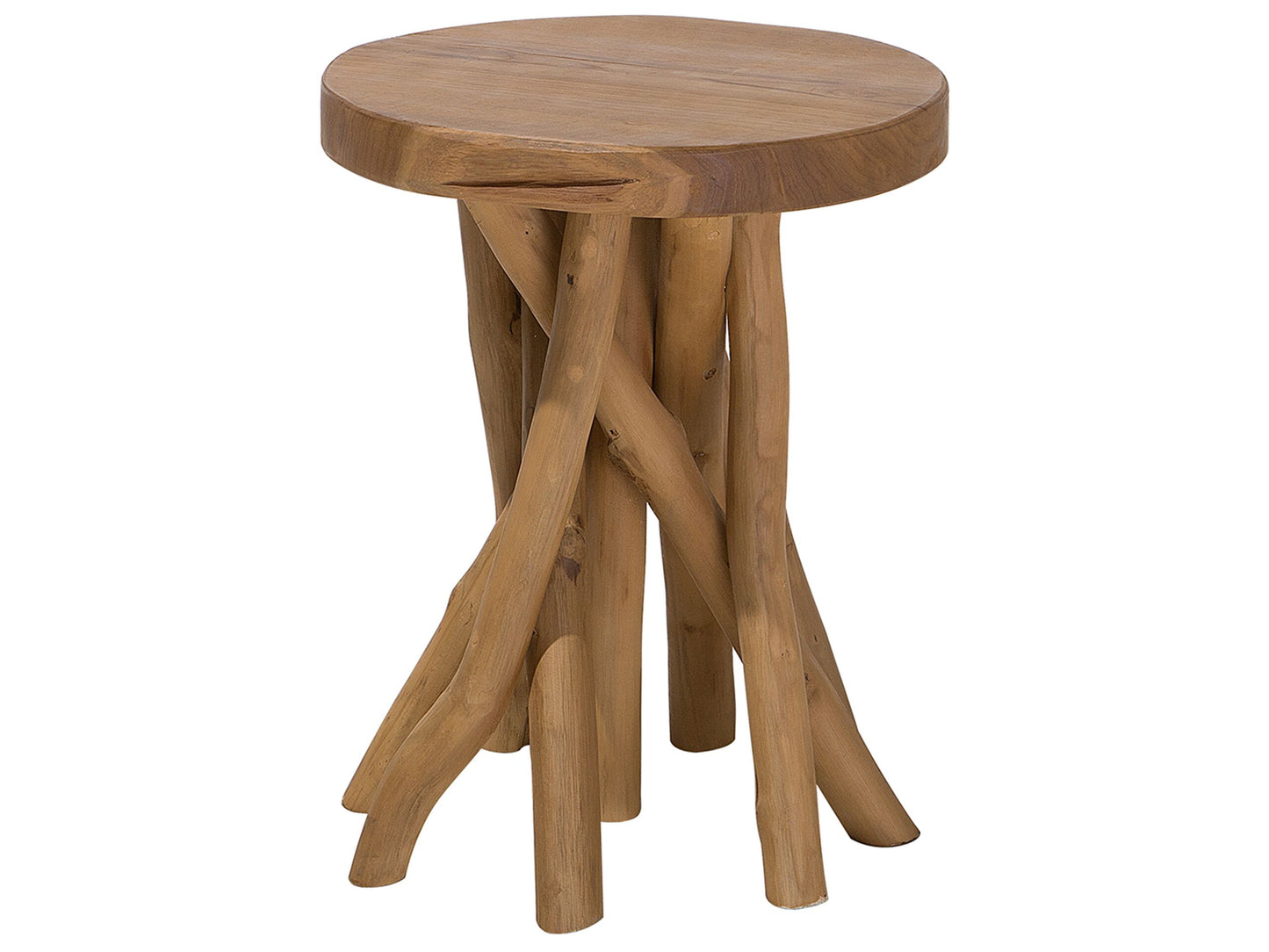 Teak Wood Side Table With Natural Tree Branch Motif 36 x 32cm Oval Bedside Rustic Charm
