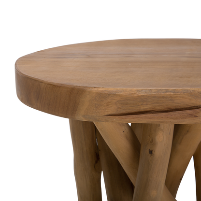 Teak Wood Side Table With Natural Tree Branch Motif 36 x 32cm Oval Bedside Rustic Charm