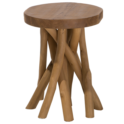 Teak Wood Side Table With Natural Tree Branch Motif 36 x 32cm Oval Bedside Rustic Charm