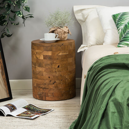 Recycled Teak Cylinder Side Table Rustic Nightstand 35cm