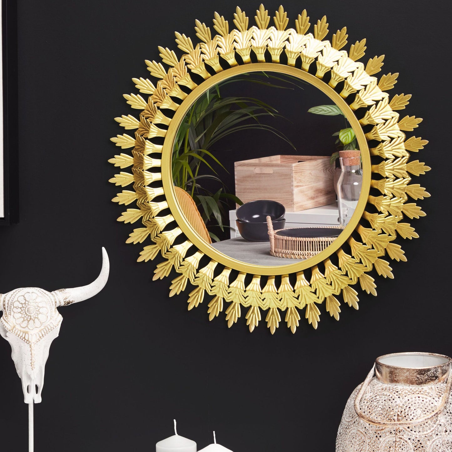 Gold Wall Mounted Sunburst Mirror 60cm Round Glass With Elegant Metal Frame Accent