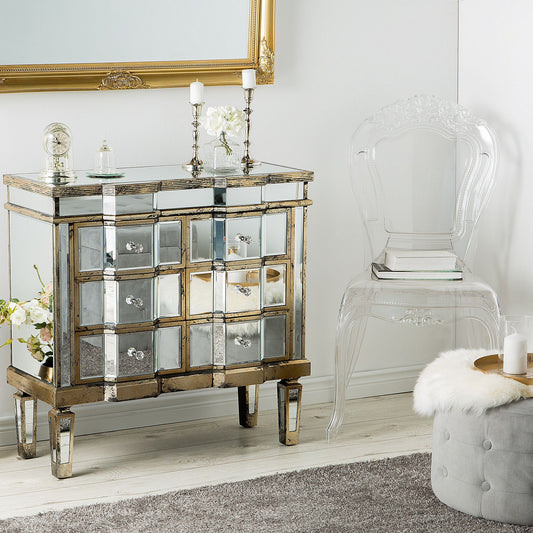 Mirrored Sideboard Gold 6 Drawers Shabby Chic Design